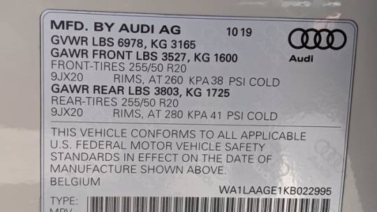 2019 Audi e-tron WA1LAAGE1KB022995