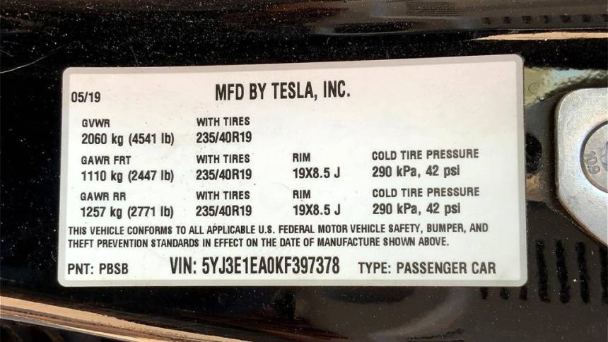 2019 Tesla Model 3 5YJ3E1EA0KF397378