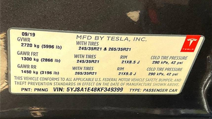 2019 Tesla Model S 5YJSA1E48KF349399