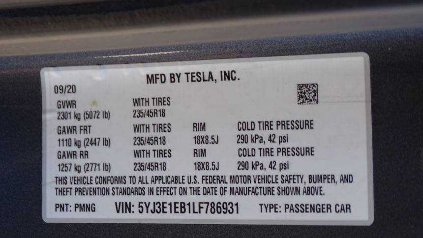 2020 Tesla Model 3 5YJ3E1EB1LF786931