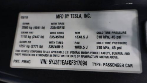 2019 Tesla Model 3 5YJ3E1EA4KF317094