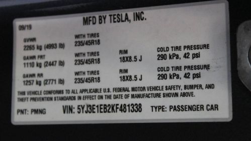 2019 Tesla Model 3 5YJ3E1EB2KF481338