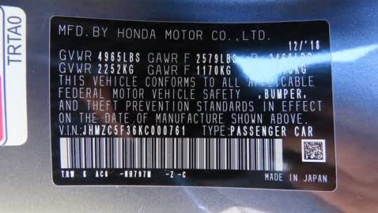 2019 Honda Clarity JHMZC5F36KC000761