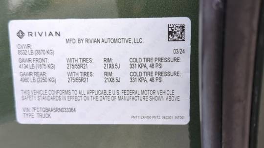 2024 Rivian R1T 7FCTGBAA6RN033364