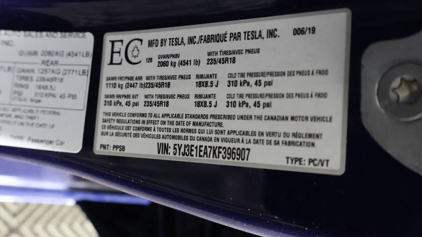 2019 Tesla Model 3 5YJ3E1EA7KF396907