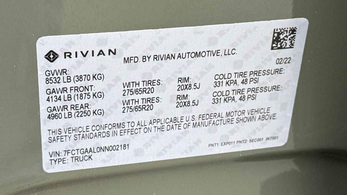 2022 Rivian R1T 7FCTGAAL0NN002181