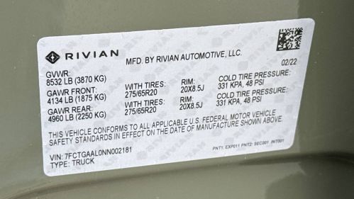 2022 Rivian R1T 7FCTGAAL0NN002181