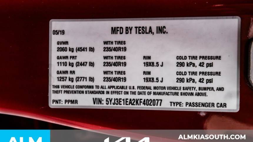 2019 Tesla Model 3 5YJ3E1EA2KF402077