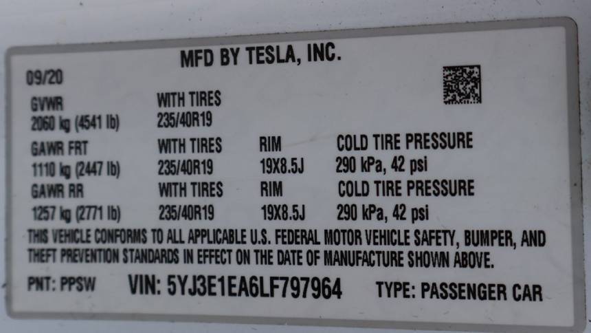 2020 Tesla Model 3 5YJ3E1EA6LF797964