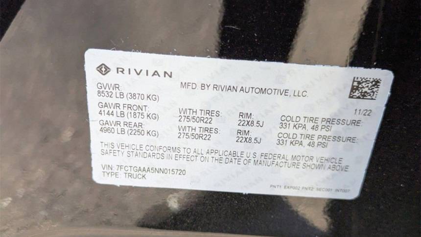 2022 Rivian R1T 7FCTGAAA5NN015720