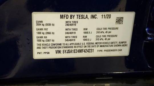 2021 Tesla Model S 5YJSA1E24MF424231