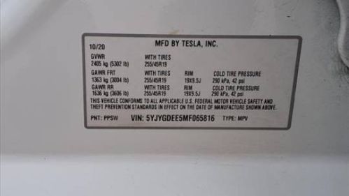 2021 Tesla Model Y 5YJYGDEE5MF065816