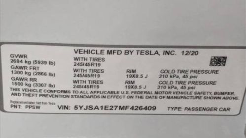 2021 Tesla Model S 5YJSA1E27MF426409