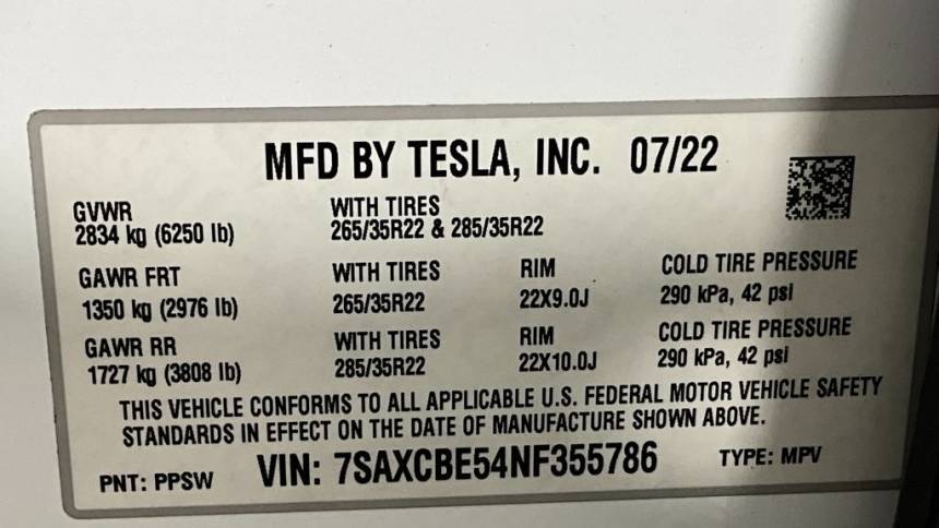 2022 Tesla Model X 7SAXCBE54NF355786