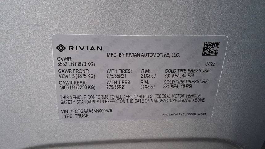 2022 Rivian R1T 7FCTGAAA5NN009576