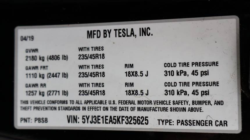 2019 Tesla Model 3 5YJ3E1EA5KF325625