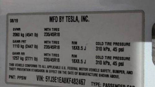 2019 Tesla Model 3 5YJ3E1EA8KF482467