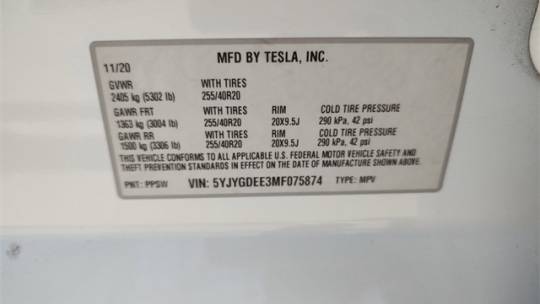 2021 Tesla Model Y 5YJYGDEE3MF075874