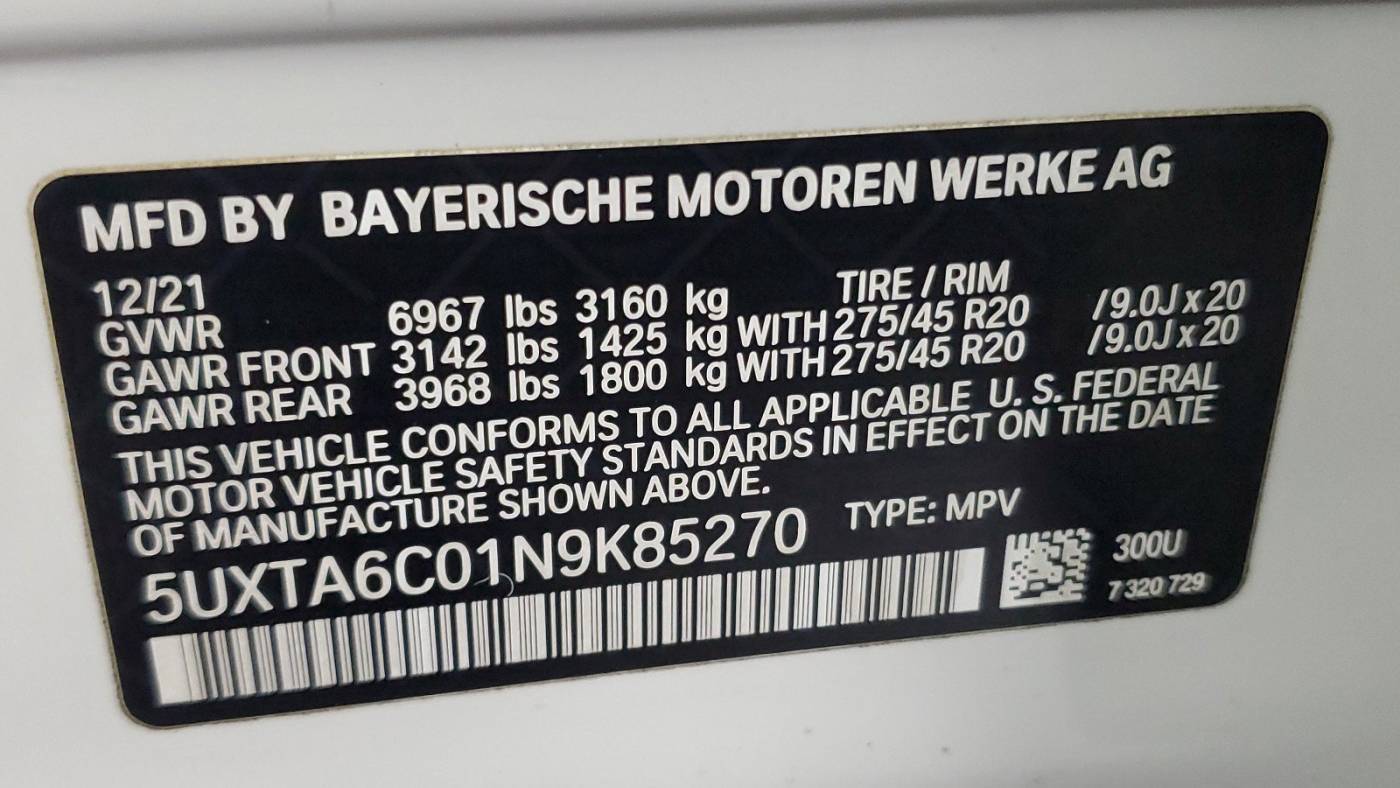 2022 BMW X5 5UXTA6C01N9K85270