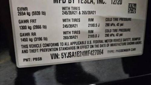 2021 Tesla Model S 5YJSA1E24MF427064